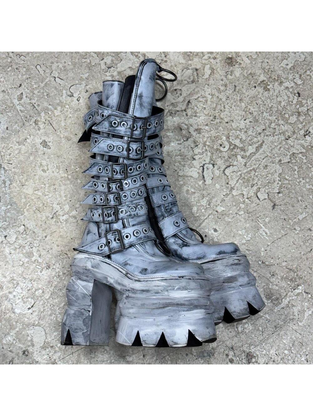 Painted Distressed Cyber-Goth Mega Platform Buckle Knee Boots - Picture 7 of 8